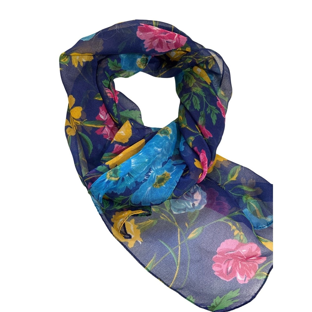 Chic Italian Floral Scarf Blue Pink Yellow Garden Print Blend Accessory